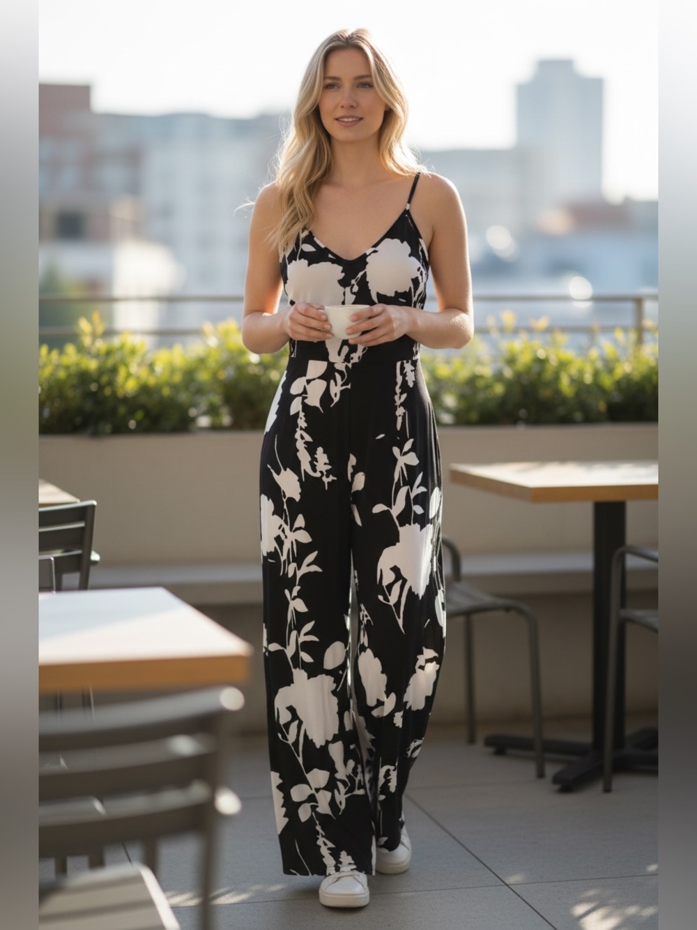 Black & White Floral Wide-Leg Jumpsuit